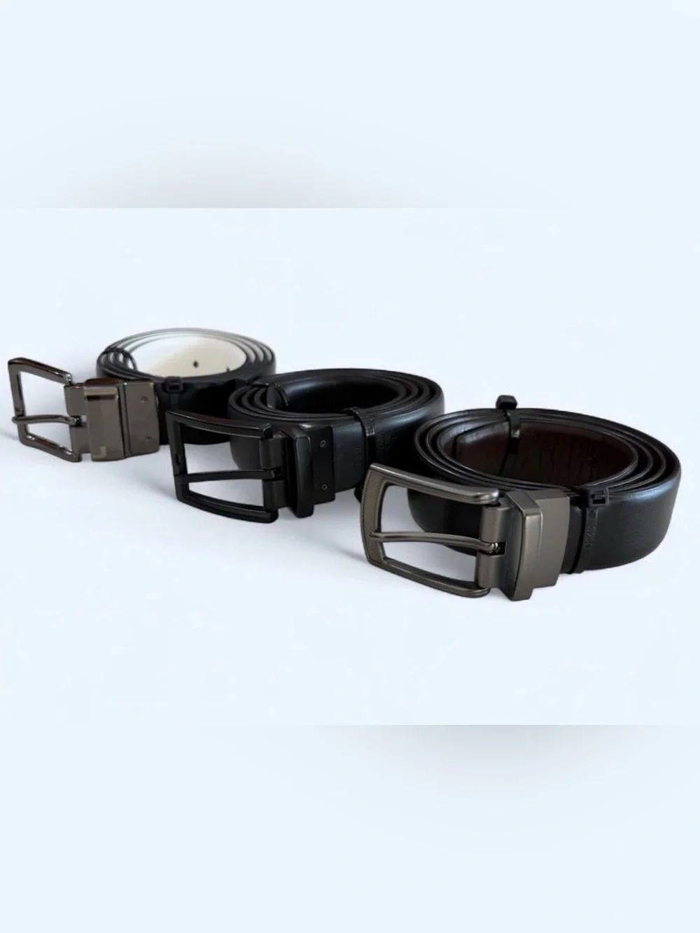Set of 3 Men's Black Leather Dress Belt - Classic Formal Style Size M 34-36”.